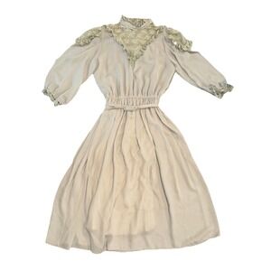 Vintage Imperial Fashion Fancy Retro Dress 60's Sage Green Sheer Lace Trim ?Sm?